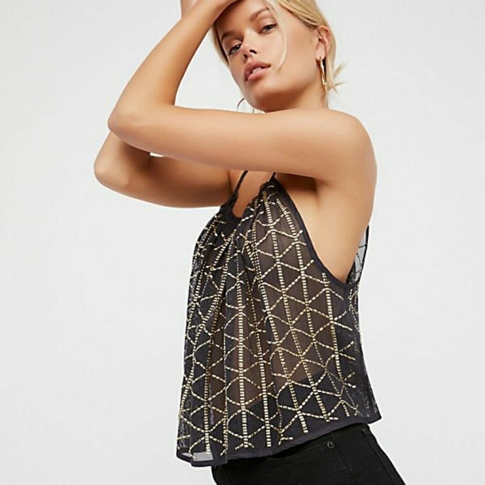 Free People Atlantis Mesh Tank Top Gray Gold Studded Boho Sheer Size M Festival